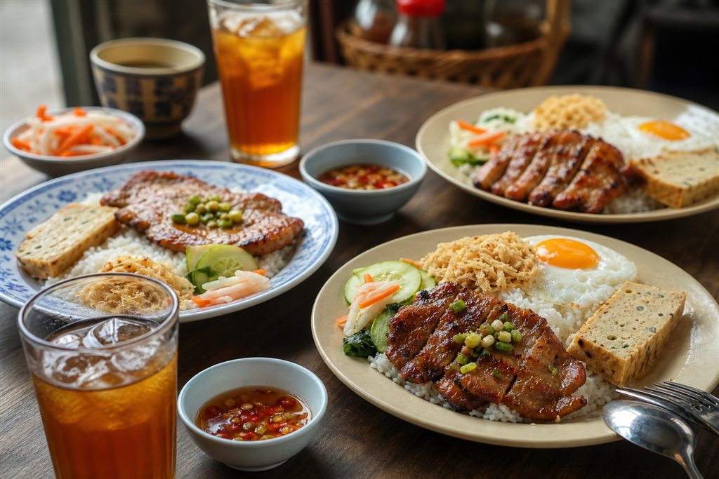 Bàn ăn nhỏ với nhiều phần cơm tấm Sài Gòn cho nhóm bạn