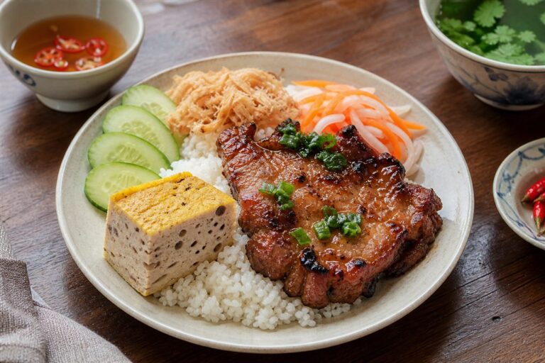 Đĩa cơm tấm Sài Gòn với sườn nướng, bì, chả và mỡ hành