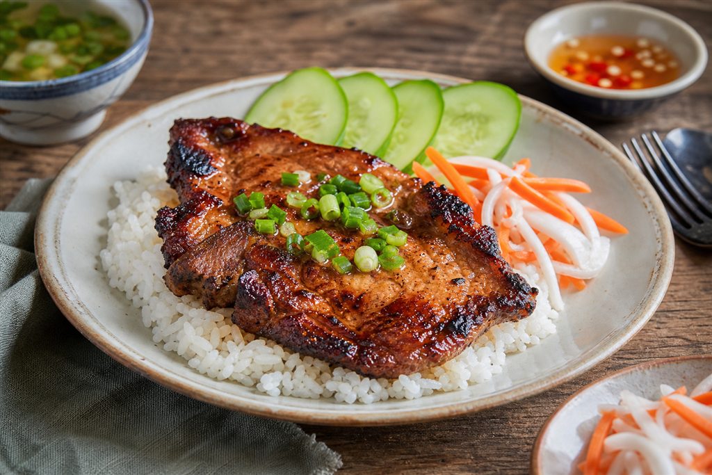 Sườn nướng cơm tấm với mỡ hành và đồ chua