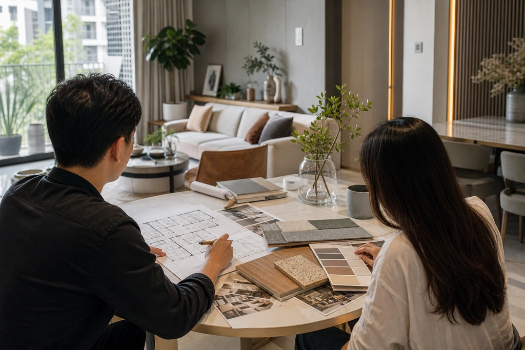 Công ty thiết kế nội thất TP.HCM trao đổi bản vẽ với khách hàng