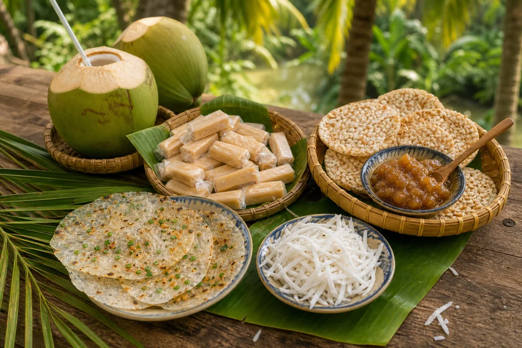 Đặc sản Bến Tre với kẹo dừa bánh phồng và trái dừa