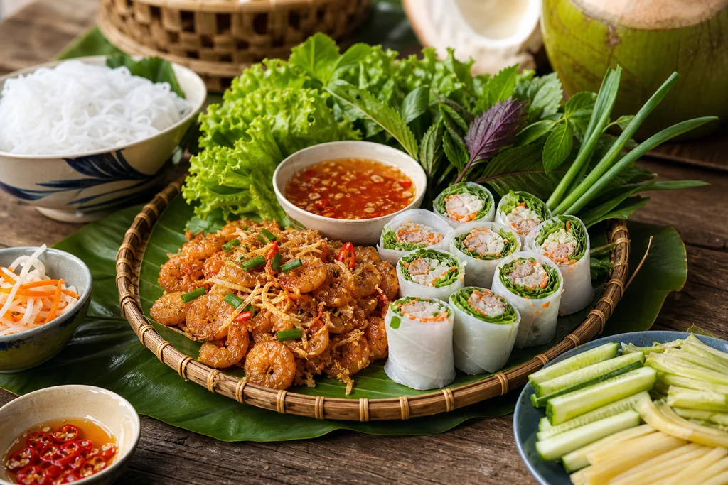 Tép rang dừa và bì cuốn Bến Tre
