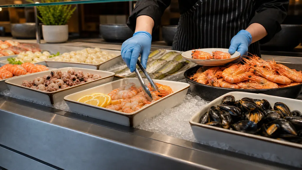 Nhân viên bổ sung khay hải sản sạch sẽ tại quầy buffet