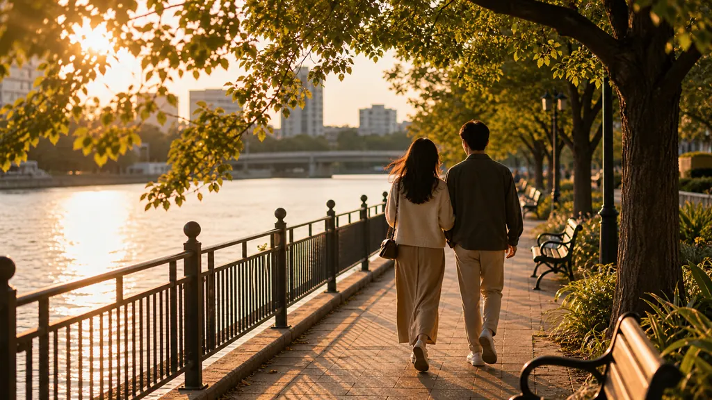 Lối đi ven sông lúc chiều muộn với ghế ngồi và ánh sáng dịu
