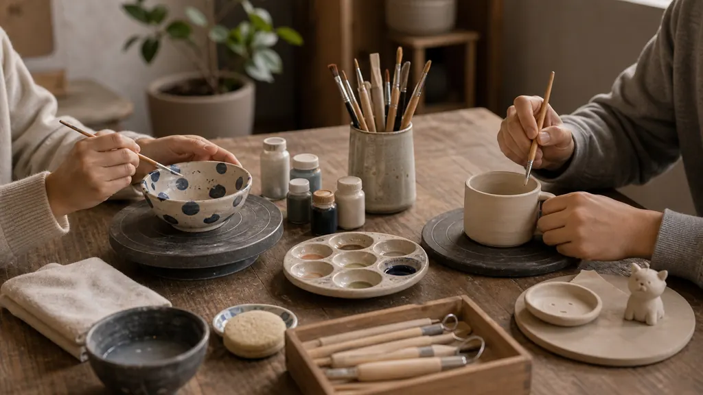 Bàn workshop nhỏ với dụng cụ thủ công đơn giản cho buổi hẹn nhẹ nhàng