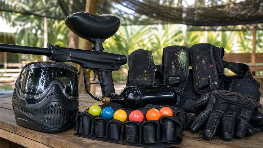 Súng sơn, mặt nạ và áo bảo hộ khi chơi paintball