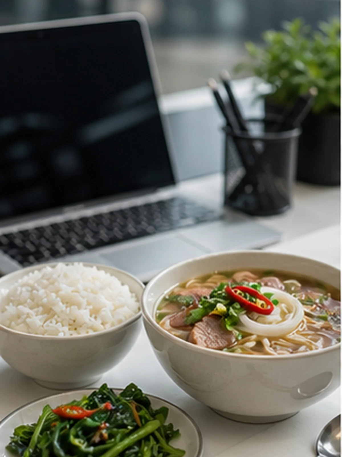 Bữa ăn trưa văn phòng Sài Gòn với cơm, món nước và rau xanh