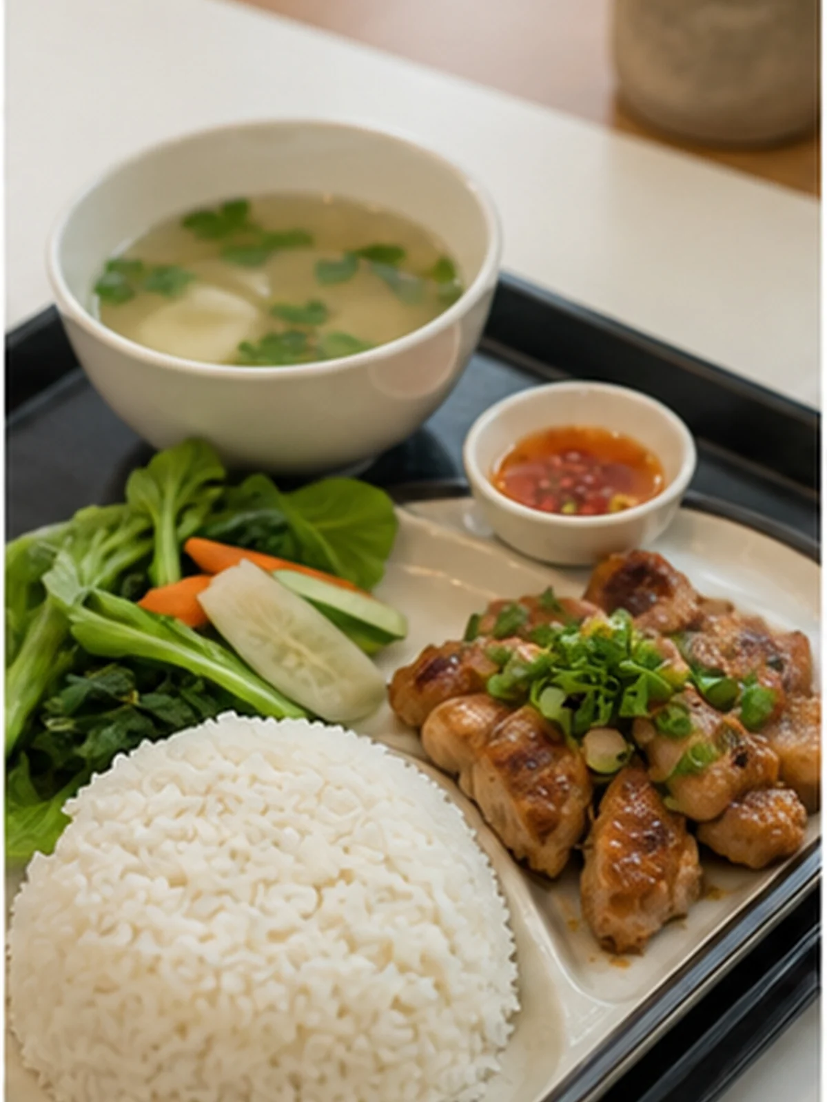 Khay cơm trưa văn phòng cân bằng có rau, đạm và canh